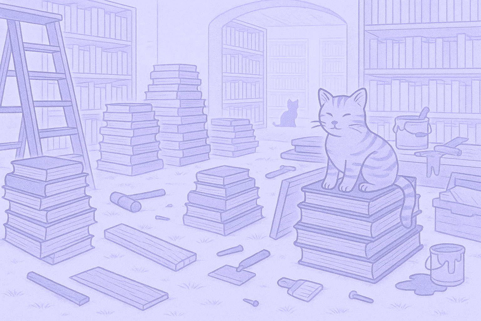 Illustration of a cat sitting on a stack of books in a workshop library