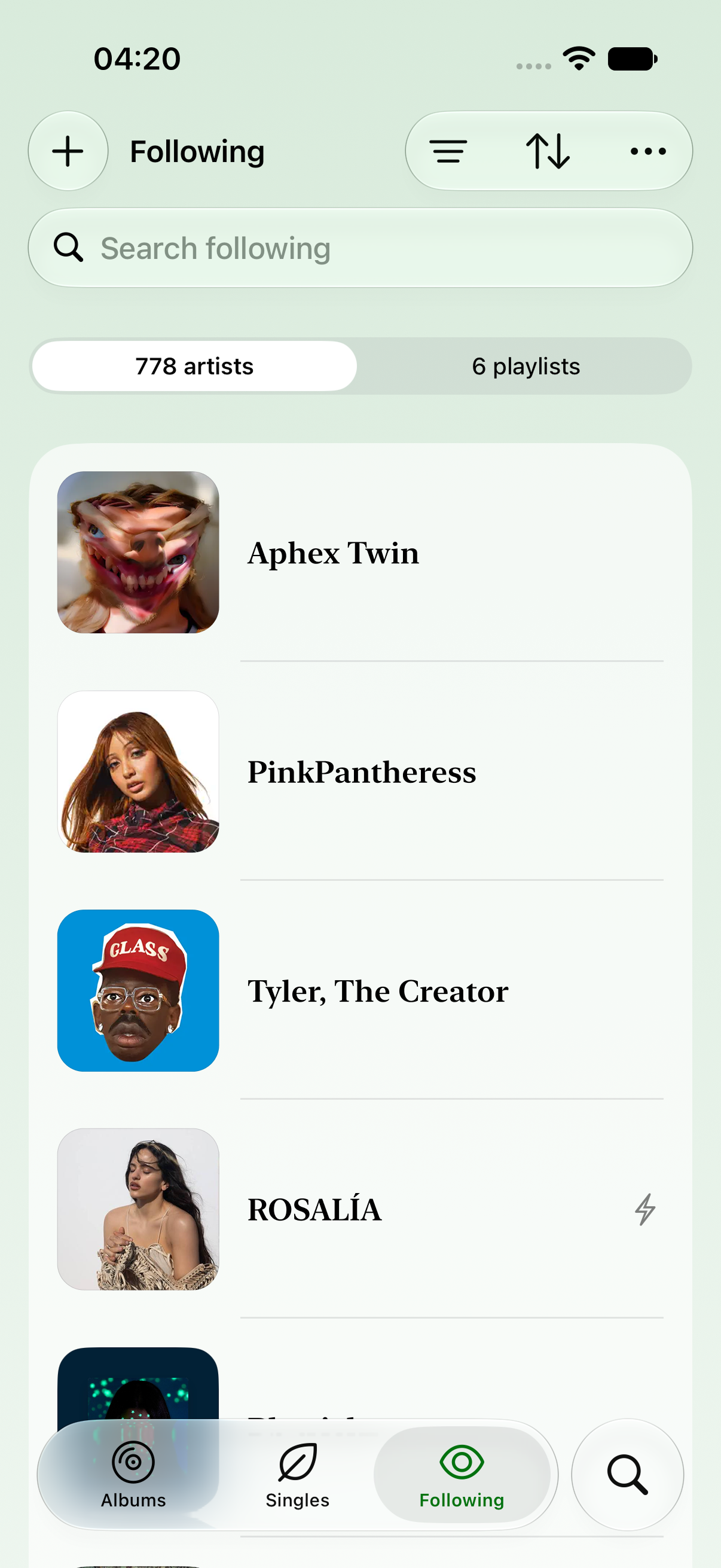 Enough following screen with favourite artists