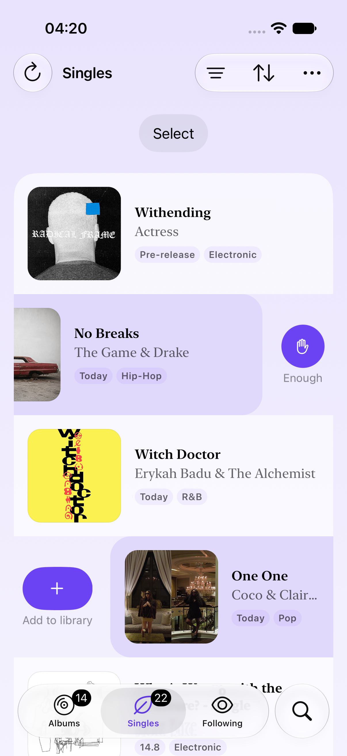 Enough singles screen with save and enough actions